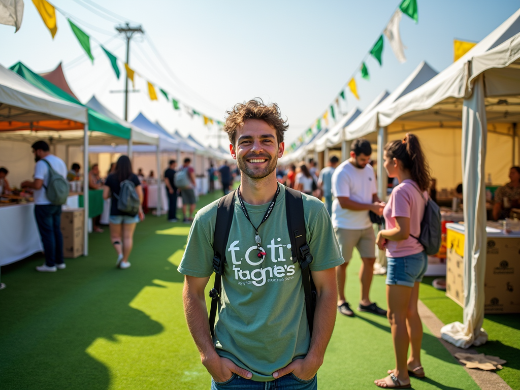 A young man smiles in a lively outdoor market, surrounded by colorful tents and people browsing stalls.