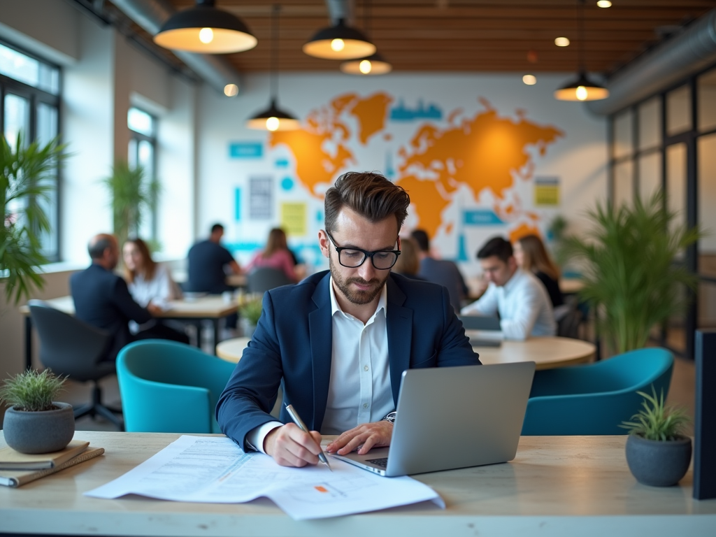 Man in suit works on laptop at a busy office with world map mural in background.