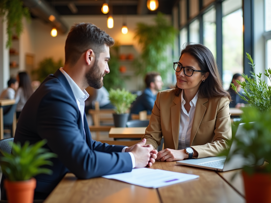 Two professionals shaking hands in a vibrant café, engaged in a friendly business discussion.