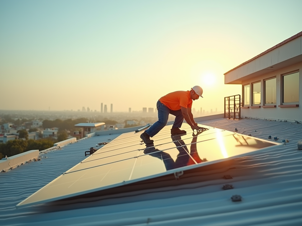 A worker installs solar panels on a rooftop at sunset, with a city skyline in the background.