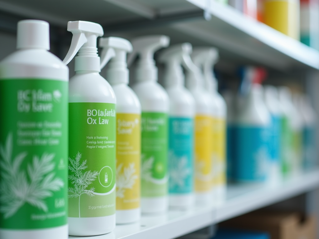 Row of colorful hand sanitizer bottles on a shelf, with a focus on a green bottle in foreground.