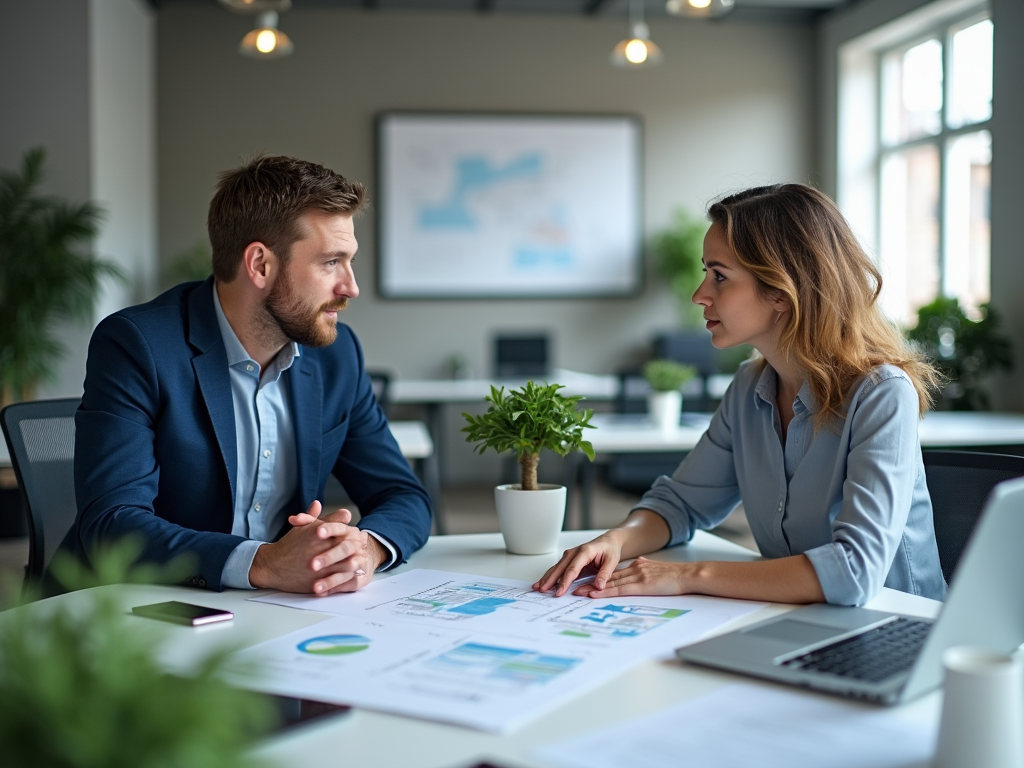 Two professionals discussing business with charts on table in a modern office.