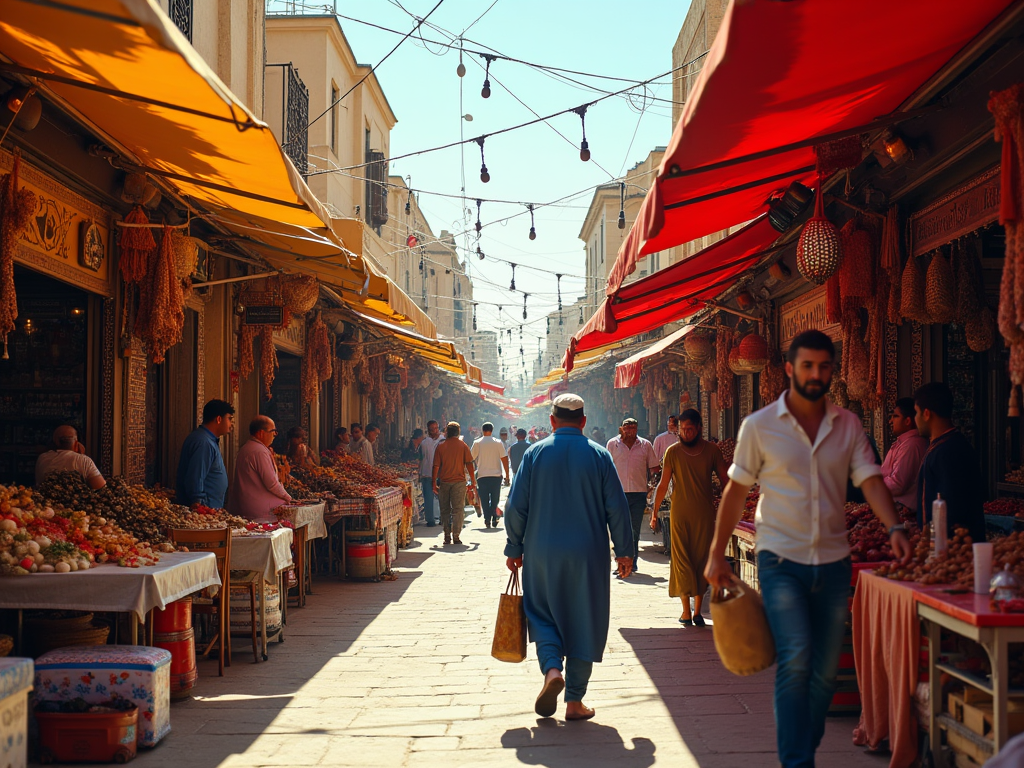 Vibrant street market with busy vendors under orange canopies, people walking and shopping.