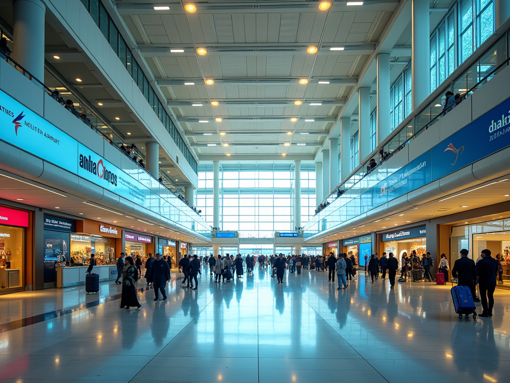 Busy airport terminal interior with travelers and shops, illuminated by natural light from large windows.