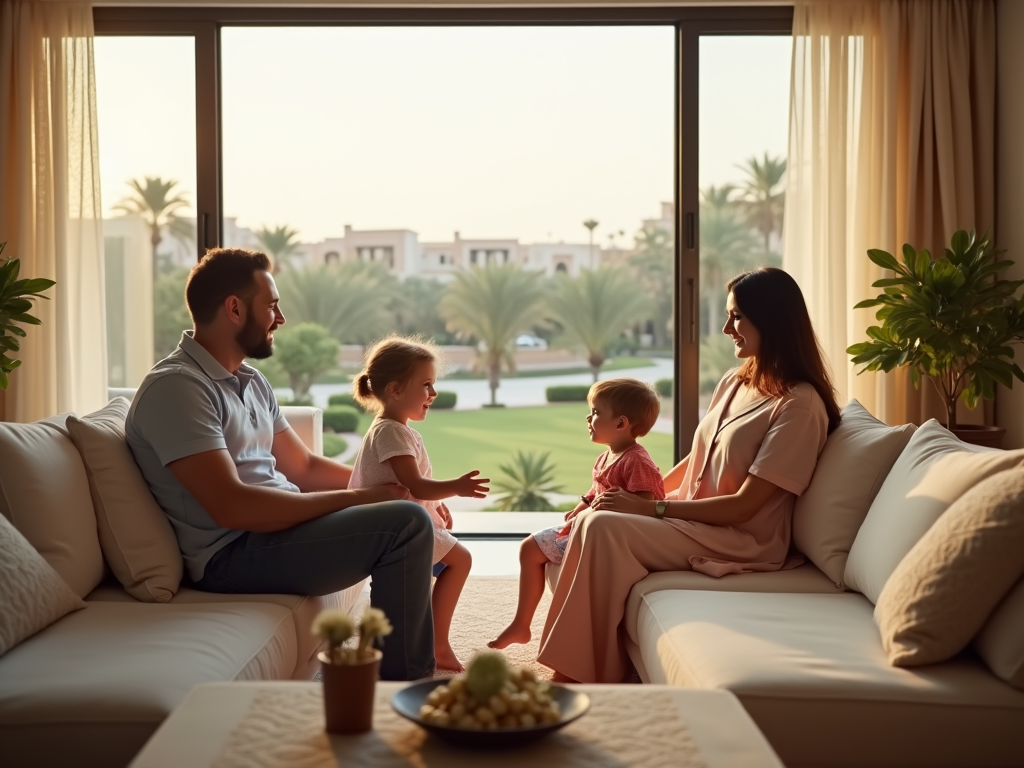 Family of four enjoying a sunny afternoon in their living room with a view of palm trees outside.