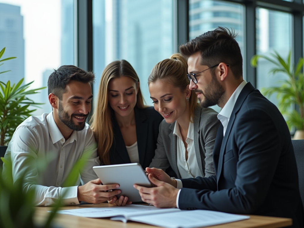 Four business professionals smiling over a digital tablet in a bright office setting.