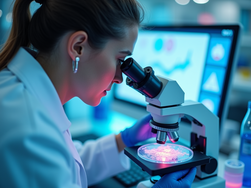 A scientist examines a sample under a microscope in a modern laboratory, with data displayed on a screen.