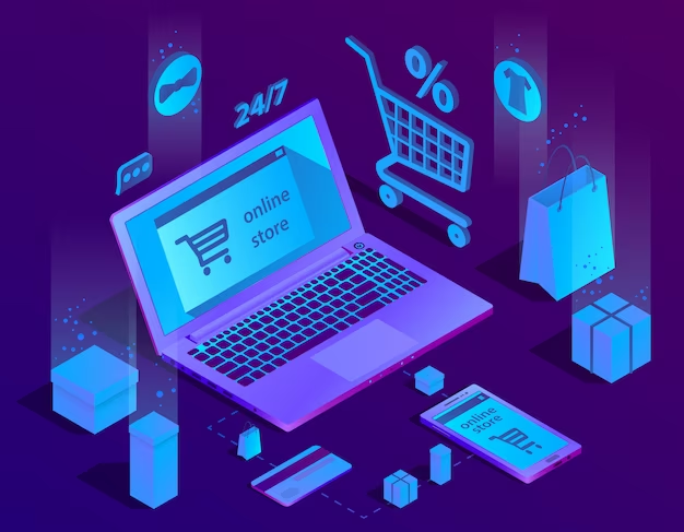 e-business and e-commerce concept illustration with digital devices and icons
