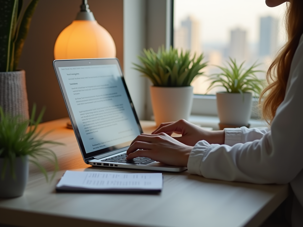 Woman typing on laptop at a desk with plants and warm lamp light, cityscape in background.