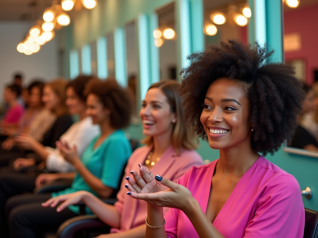 Group of diverse women smiling and clapping in a seminar hall.