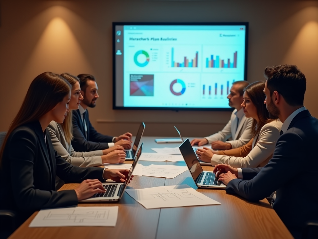 Professionals in a meeting room discussing data displayed on a screen.