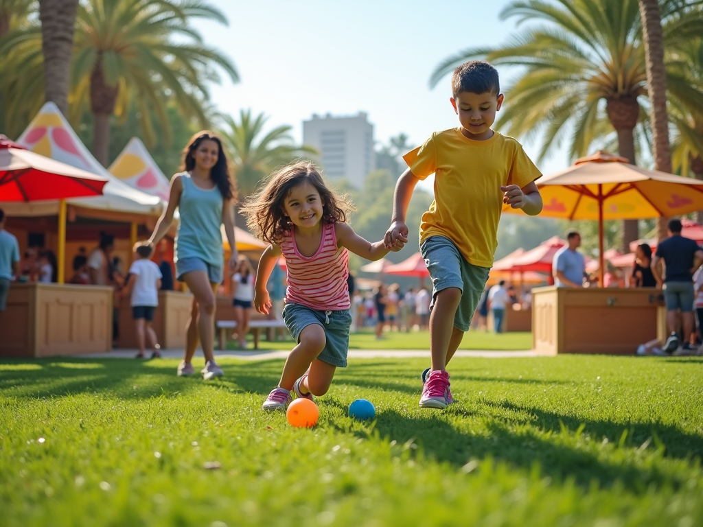 Two children play with a ball on a sunny park lawn, with palm trees and festival tents in the background.