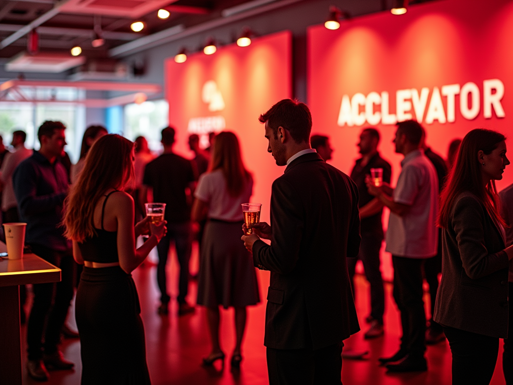 Networking event with people gathered in a room illuminated by a red "ACCELERATOR" sign.