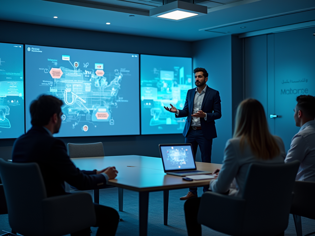 A business meeting in a modern conference room, featuring a presenter discussing data on large screens.