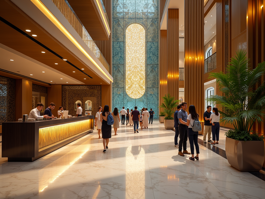 Luxurious hotel lobby with visitors at reception and people conversing, featuring tall columns and decorative lighting.