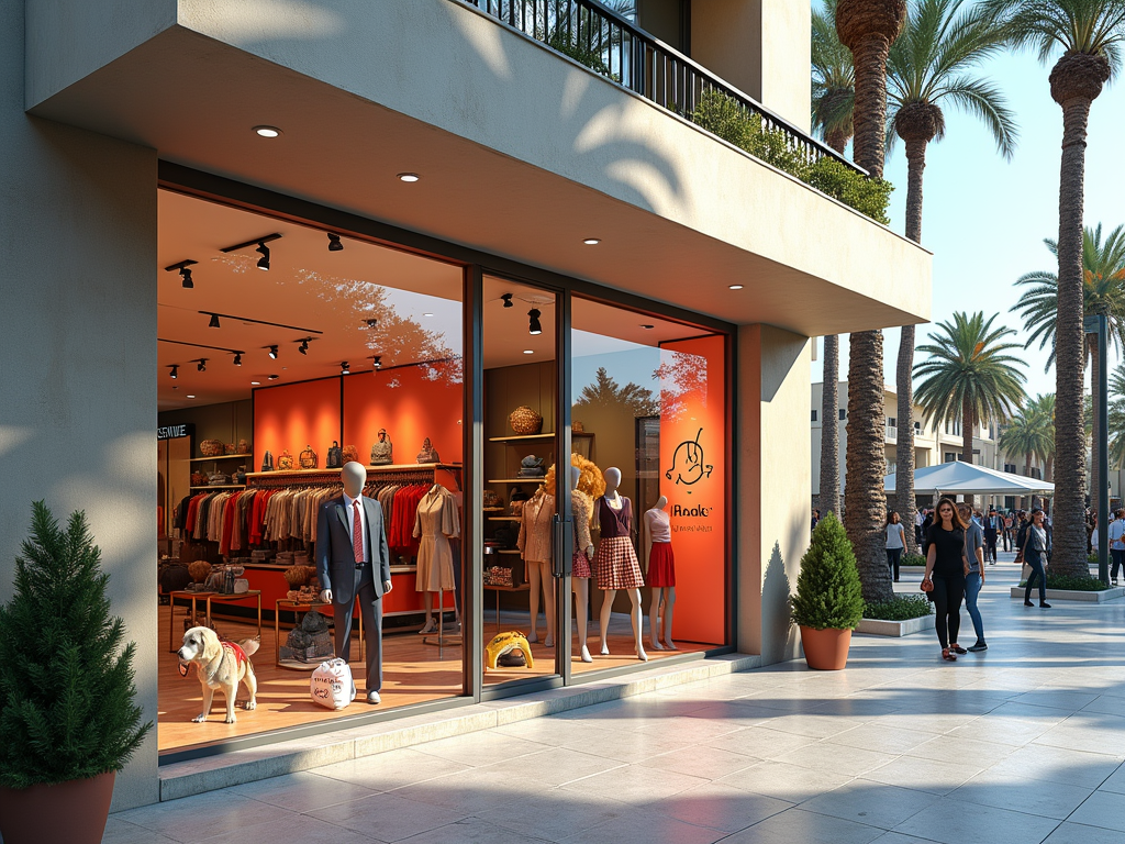 A clothing store with mannequins dressed in various outfits, a dog outside, and palm trees lining the walkway.