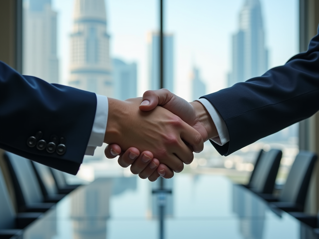 Two businesspeople shaking hands in a boardroom with a skyline view.