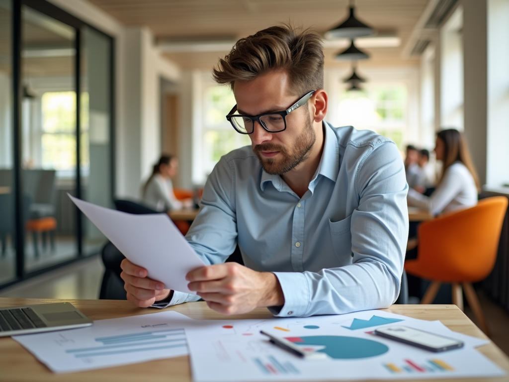 Man in glasses reviews a document at an office desk with charts, laptop, and colleagues in background.