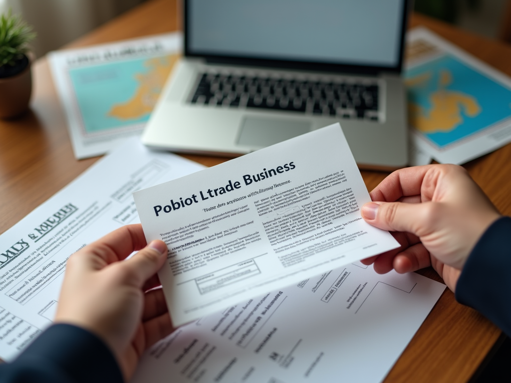 Close-up of hands holding a document titled "Pobiot Ltrade Business" over a desk with a laptop and other papers.