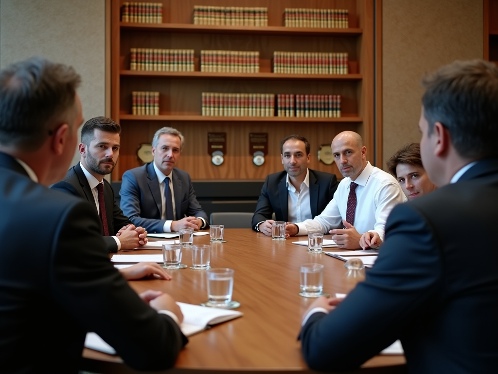 Business professionals in a boardroom meeting, focused and engaged in discussion.