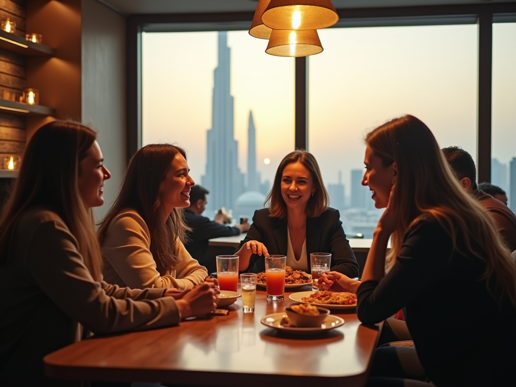 Four women laughing and talking over dinner, city skyline at sunset in the background.