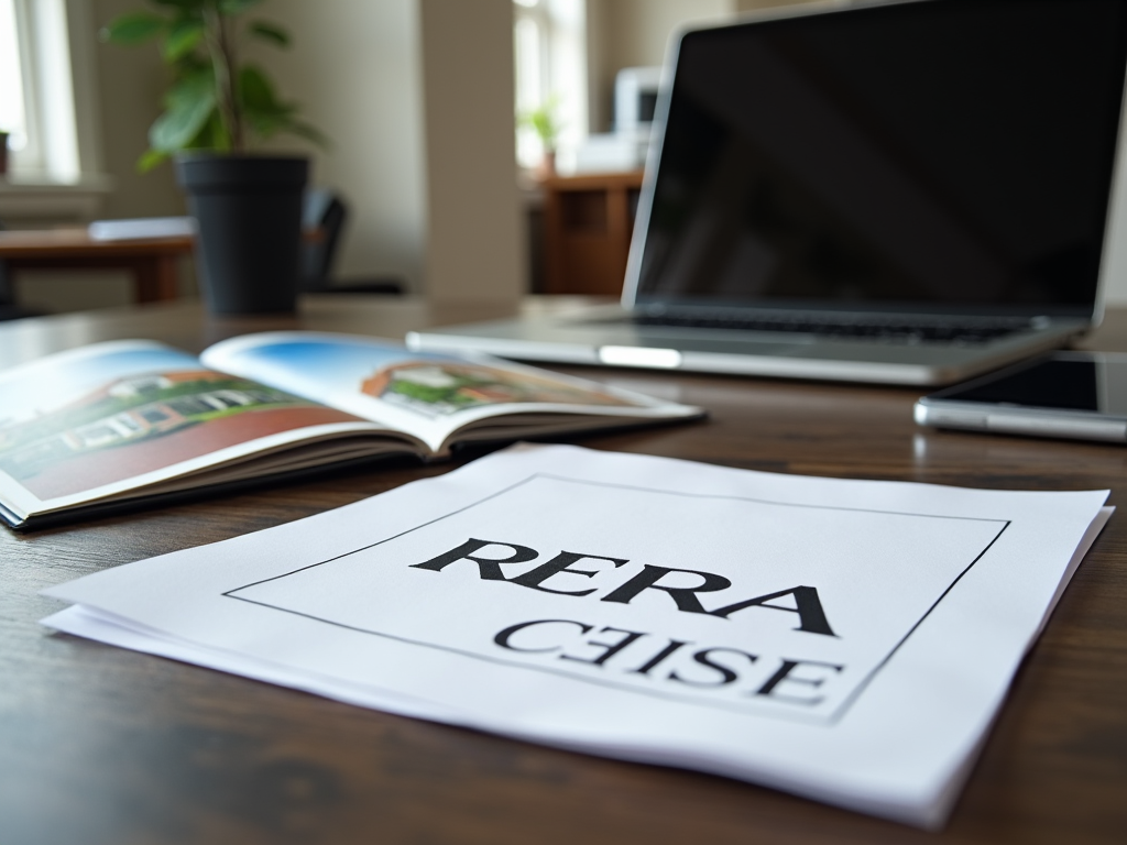 Desk with a document labeled "RERA CHISE", a laptop, a smartphone, and a book with building images.