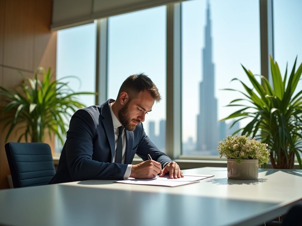 Man in suit writing at desk with city skyline in background.