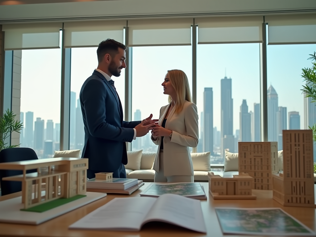 Two professionals discussing over architectural models in a high-rise office with city skyline view.