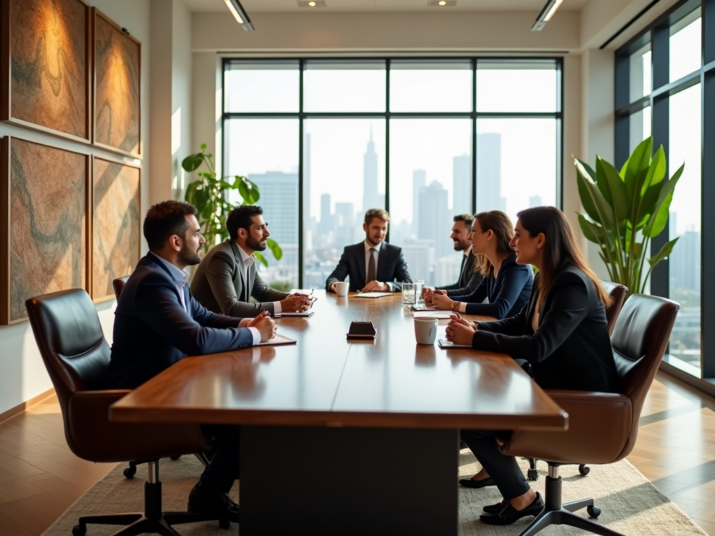 Business professionals engaged in a meeting around a table in a modern office with cityscape views.