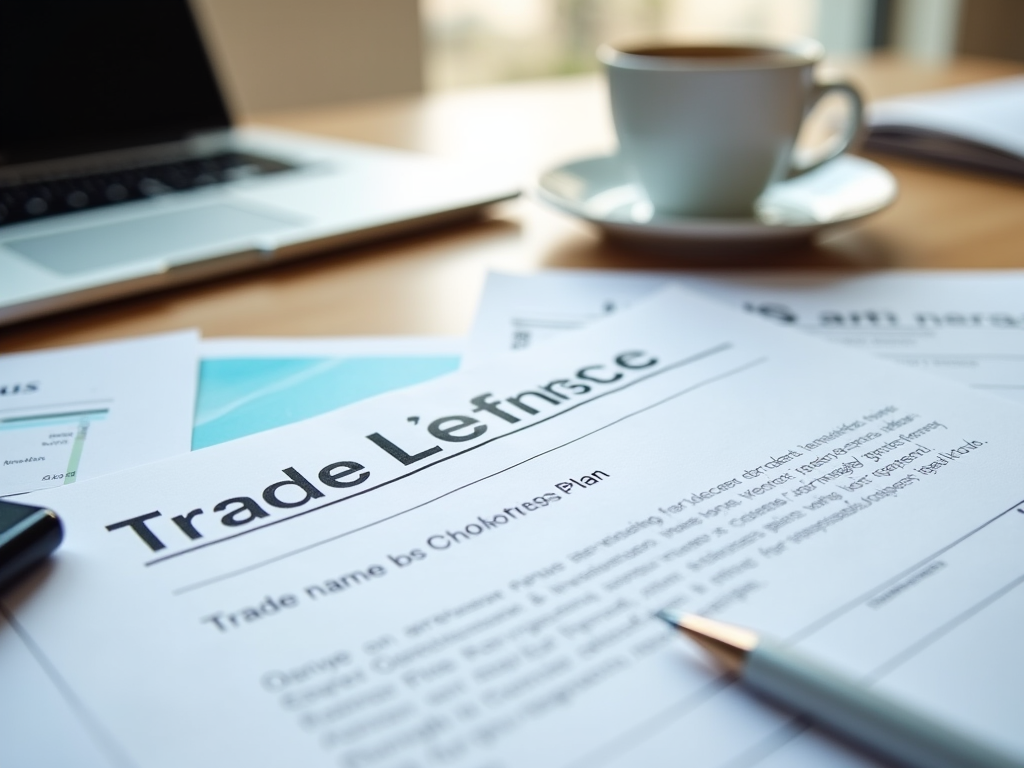 Documents with "Trade License" text, pen, and coffee cup on a desk, with visible laptop in background.