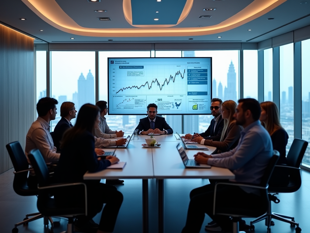 Business professionals in a meeting discussing data shown on screen in a modern office with city view.