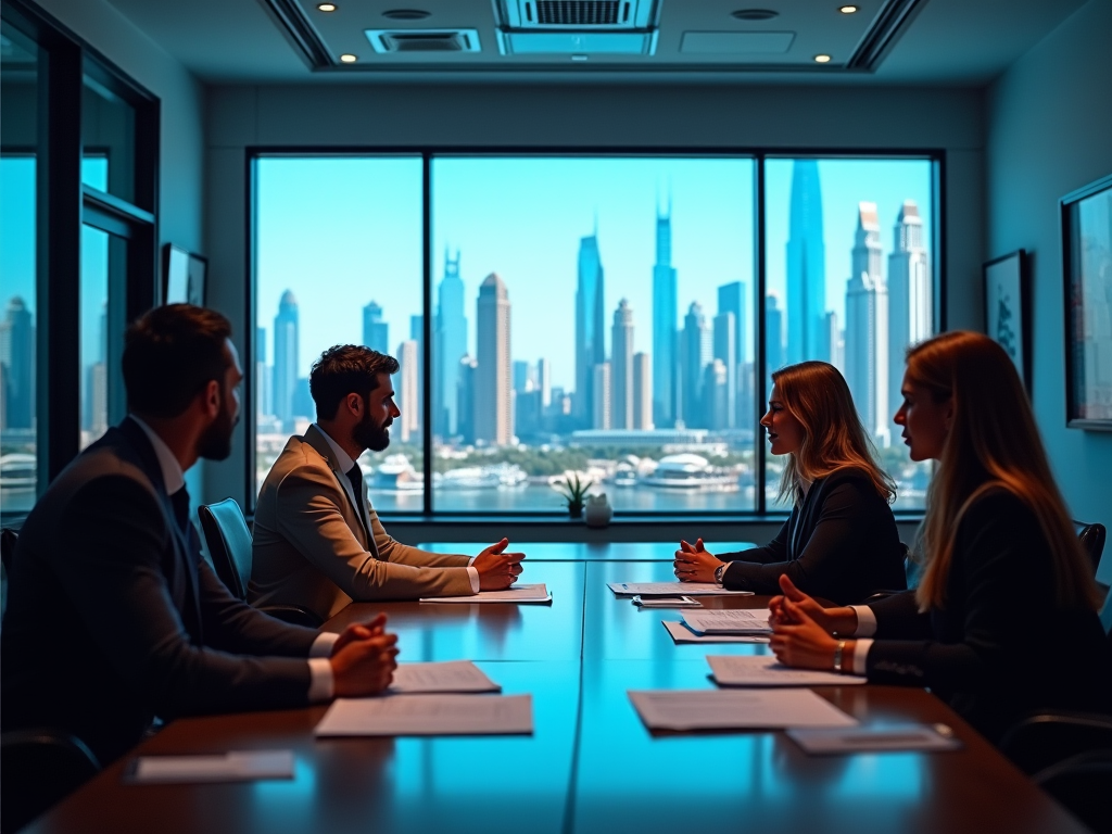 Four professionals in a meeting with a city skyline visible through the window.