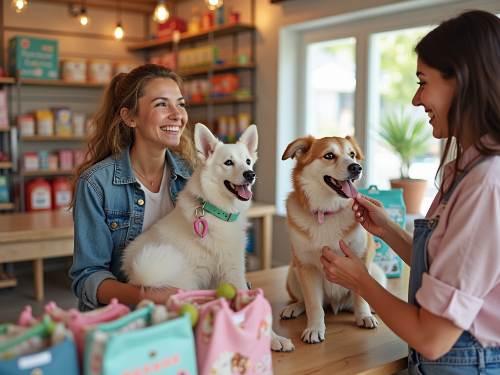 A smiling woman petting a dog while another woman laughs beside them in a pet store filled with colorful products.