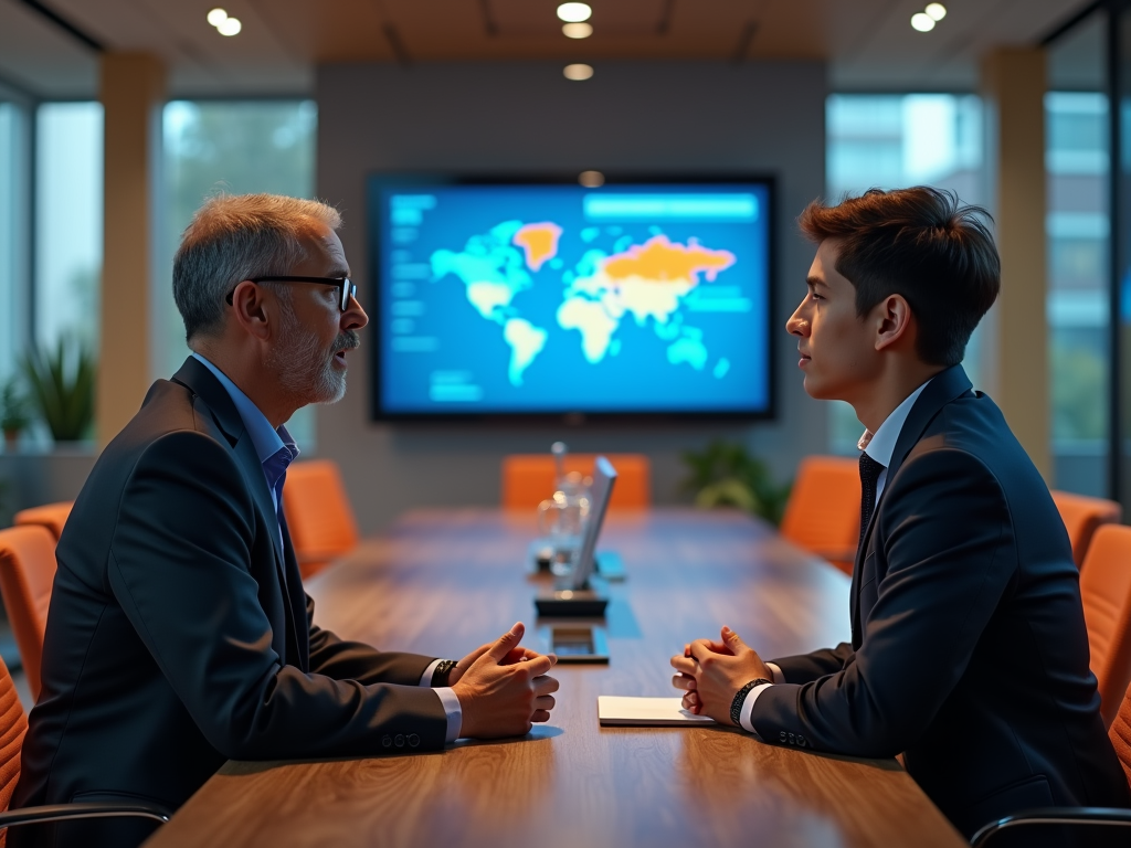 Two businessmen in suits discussing in a boardroom with a world map on the screen.