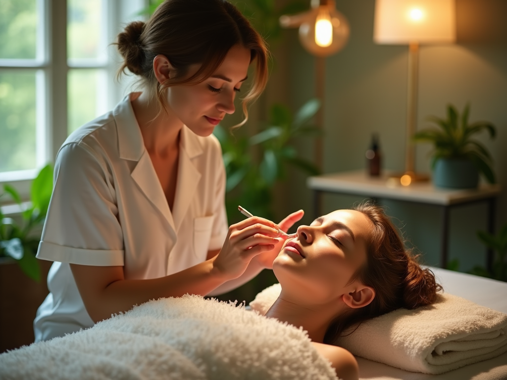 Aesthetician applying treatment to woman's face in softly lit spa room.