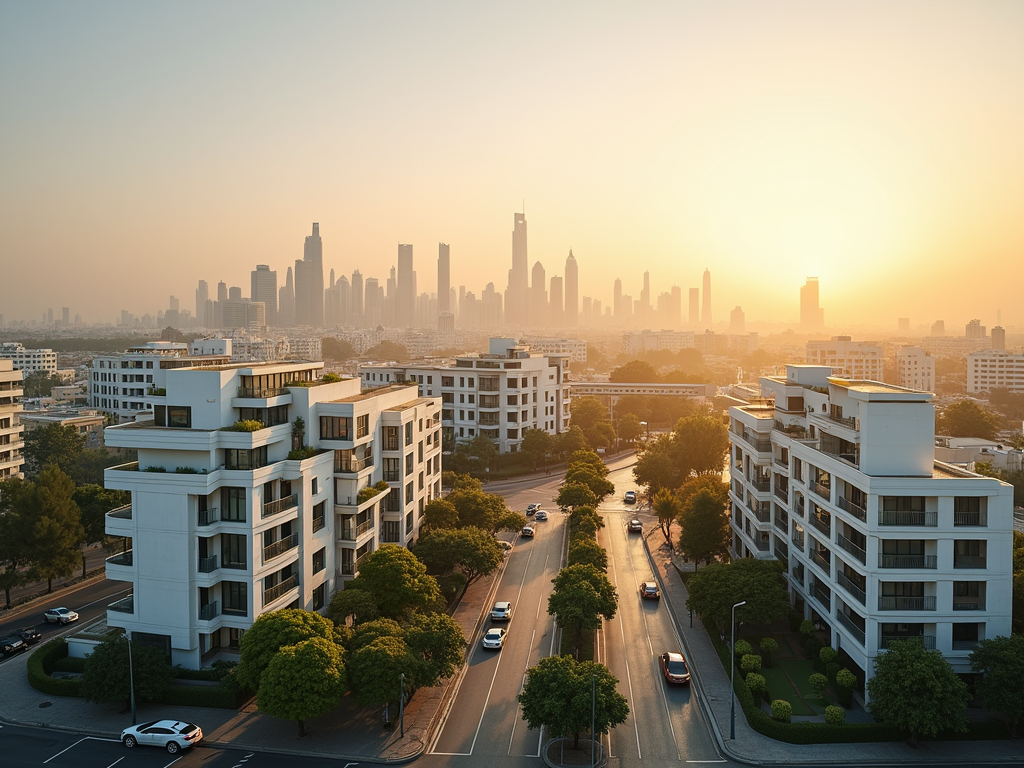 A city skyline at sunset, featuring modern buildings and a winding road lined with trees and cars.