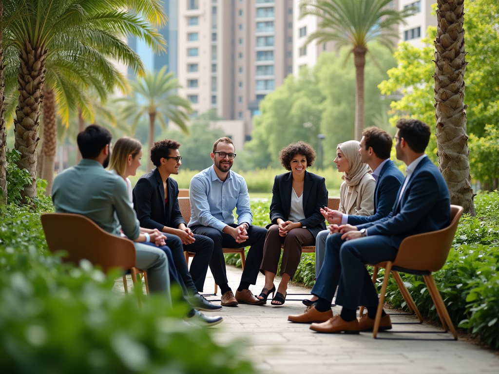 A diverse group of six people in business attire sit in a garden, engaged in lively discussion under palm trees.