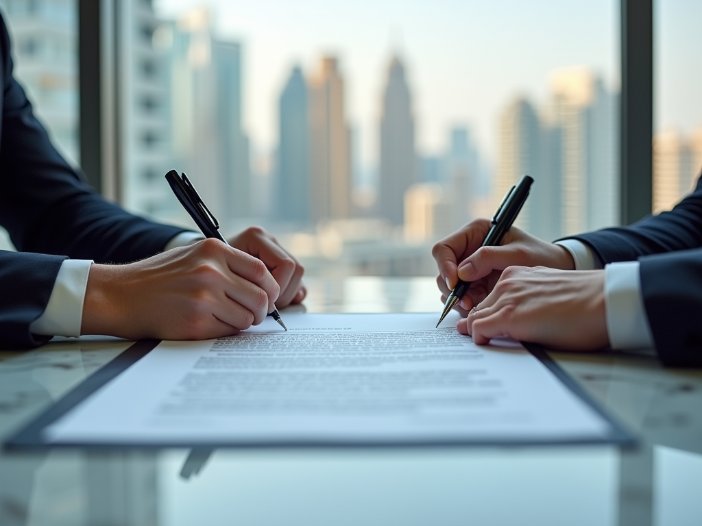 Two people signing documents at a table with a city skyline in the background.