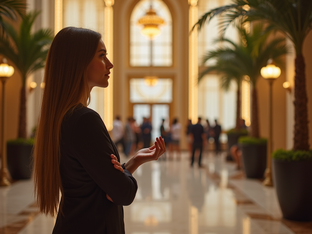 Woman in business attire standing in a luxurious hallway, looking at a group of people in the distance.